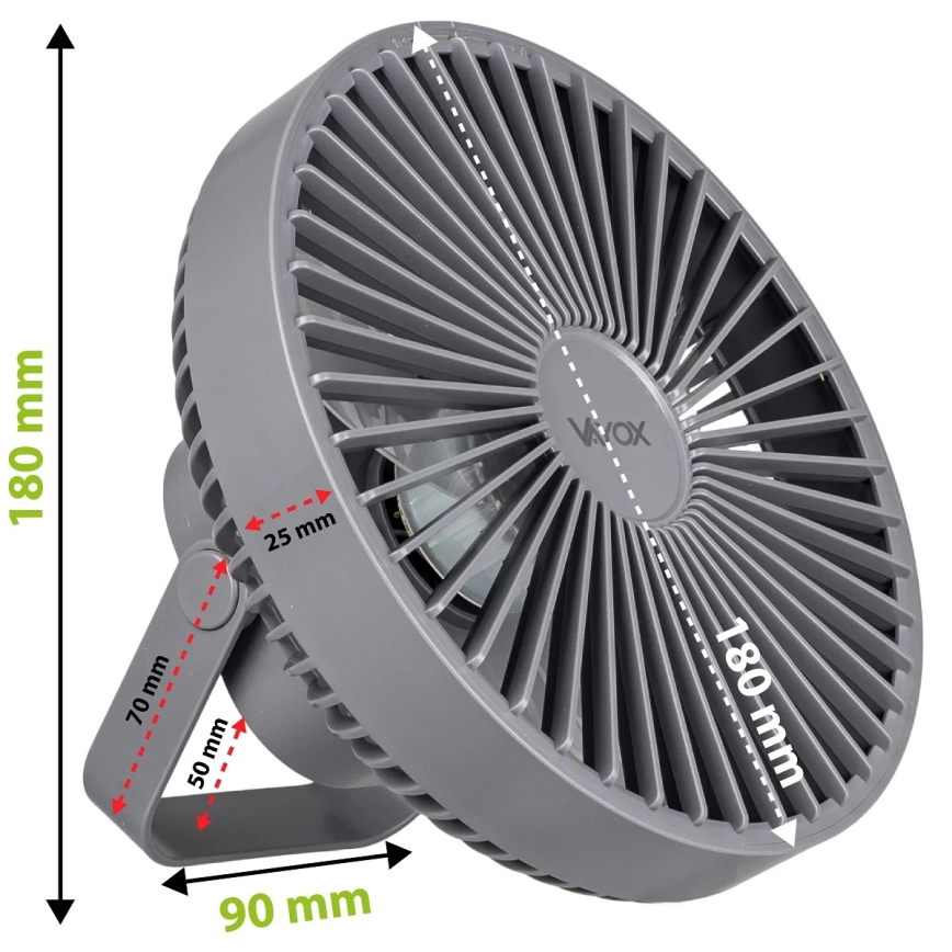 LED Įkraunamas stalas ventiliatorius su LED apšvietimu LED/2W/5V USB 2400 mAh pilka
