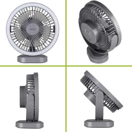 LED Įkraunamas stalas ventiliatorius su LED apšvietimu LED/3W/5V USB 2400 mAh pilka
