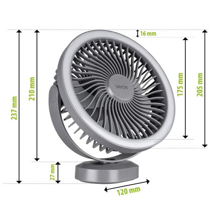 LED Įkraunamas stalas ventiliatorius su LED apšvietimu LED/3W/5V USB 2400 mAh pilka