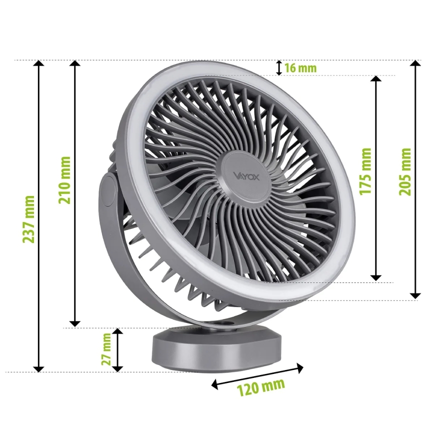 LED Įkraunamas stalas ventiliatorius su LED apšvietimu LED/3W/5V USB 2400 mAh pilka