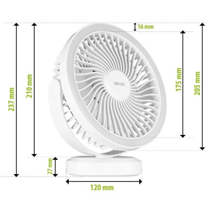 Įkraunamas LED stalinis ventiliatorius su LED apšvietimu LED/3W/5V USB 2400 mAh baltas