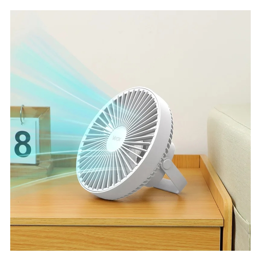 Įkraunamas LED stalinis ventiliatorius su LED apšvietimu LED/2W/5V USB 2400 mAh baltas