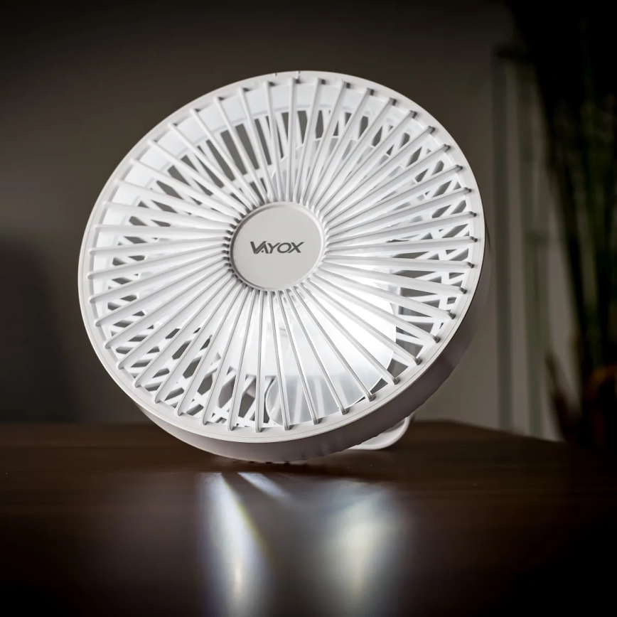 Įkraunamas LED stalinis ventiliatorius su LED apšvietimu LED/2W/5V USB 2400 mAh baltas