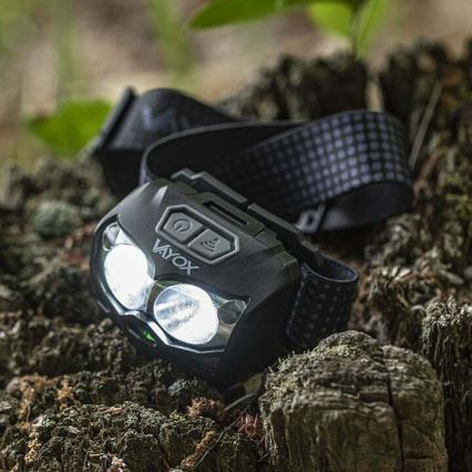 LED Pritemdomas įkraunamas galvos žibintas su jutikliu ir raudonas šviestuvas 2xLED/5W/5V/3xAAA IP65 500 blizgus 1200 mAh