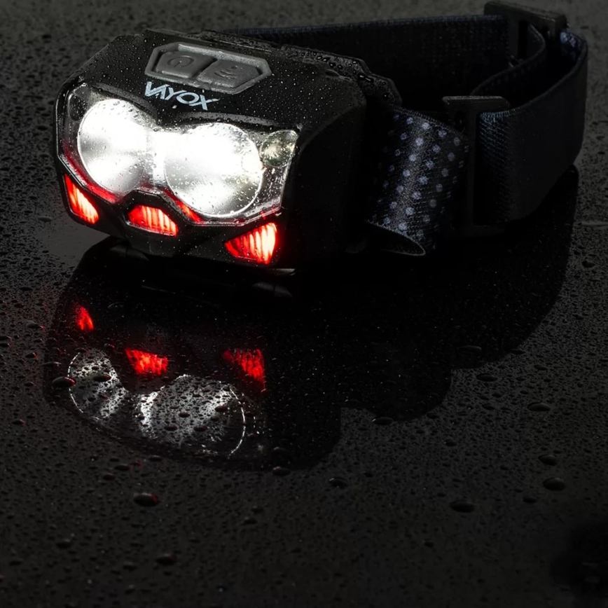 LED Pritemdomas įkraunamas galvos žibintas su jutikliu ir raudonas šviestuvas 2xLED/5W/5V/3xAAA IP65 500 blizgus 1200 mAh