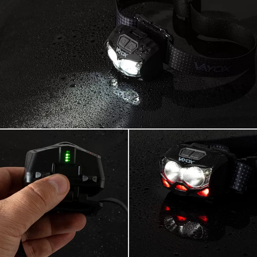 LED Pritemdomas įkraunamas galvos žibintas su jutikliu ir raudonas šviestuvas 2xLED/5W/5V/3xAAA IP65 500 blizgus 1200 mAh