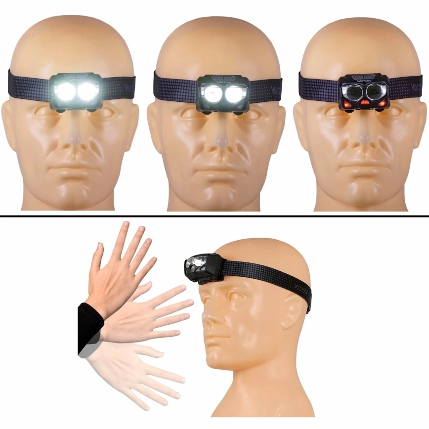 LED Pritemdomas įkraunamas galvos žibintas su jutikliu ir raudonas šviestuvas 2xLED/5W/5V/3xAAA IP65 500 blizgus 1200 mAh