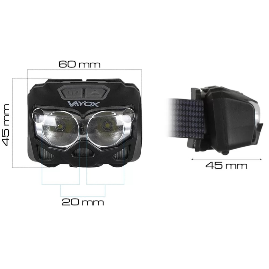 LED Pritemdomas įkraunamas galvos žibintas su jutikliu ir raudonas šviestuvas 2xLED/5W/5V/3xAAA IP65 500 blizgus 1200 mAh