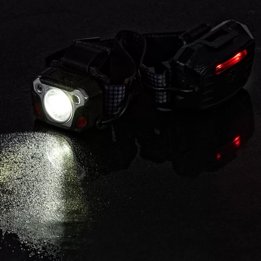 LED Pritemdomas įkraunamas galvos žibintas su jutikliu su maitinimo bloko funkcija ir raudonas šviestuvas LED/10W/5V IP44 1200 blizgus 4000 mAh
