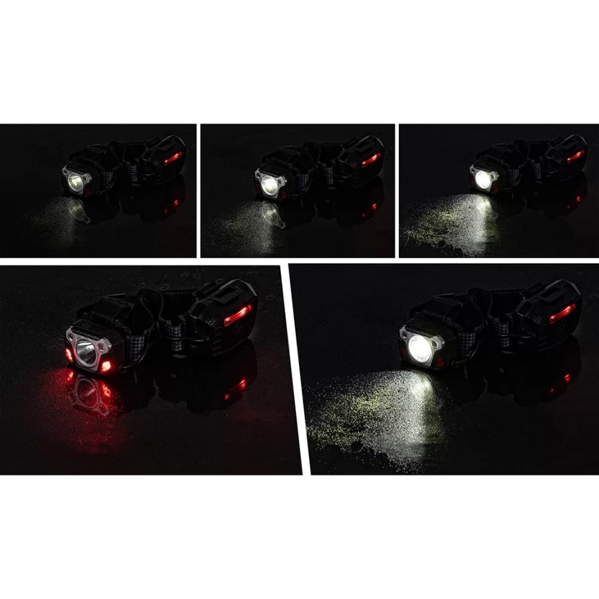 LED Pritemdomas įkraunamas galvos žibintas su jutikliu su maitinimo bloko funkcija ir raudonas šviestuvas LED/10W/5V IP44 1200 blizgus 4000 mAh