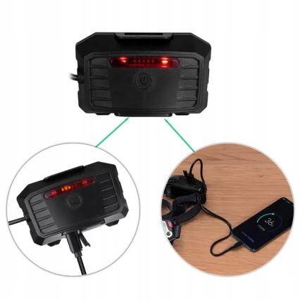 LED Pritemdomas įkraunamas galvos žibintas su jutikliu su maitinimo bloko funkcija ir raudonas šviestuvas LED/10W/5V IP44 1200 blizgus 4000 mAh