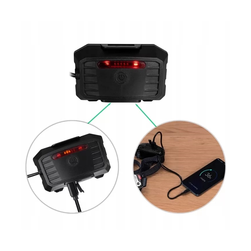 LED Pritemdomas įkraunamas galvos žibintas su jutikliu su maitinimo bloko funkcija ir raudonas šviestuvas LED/10W/5V IP44 1200 blizgus 4000 mAh