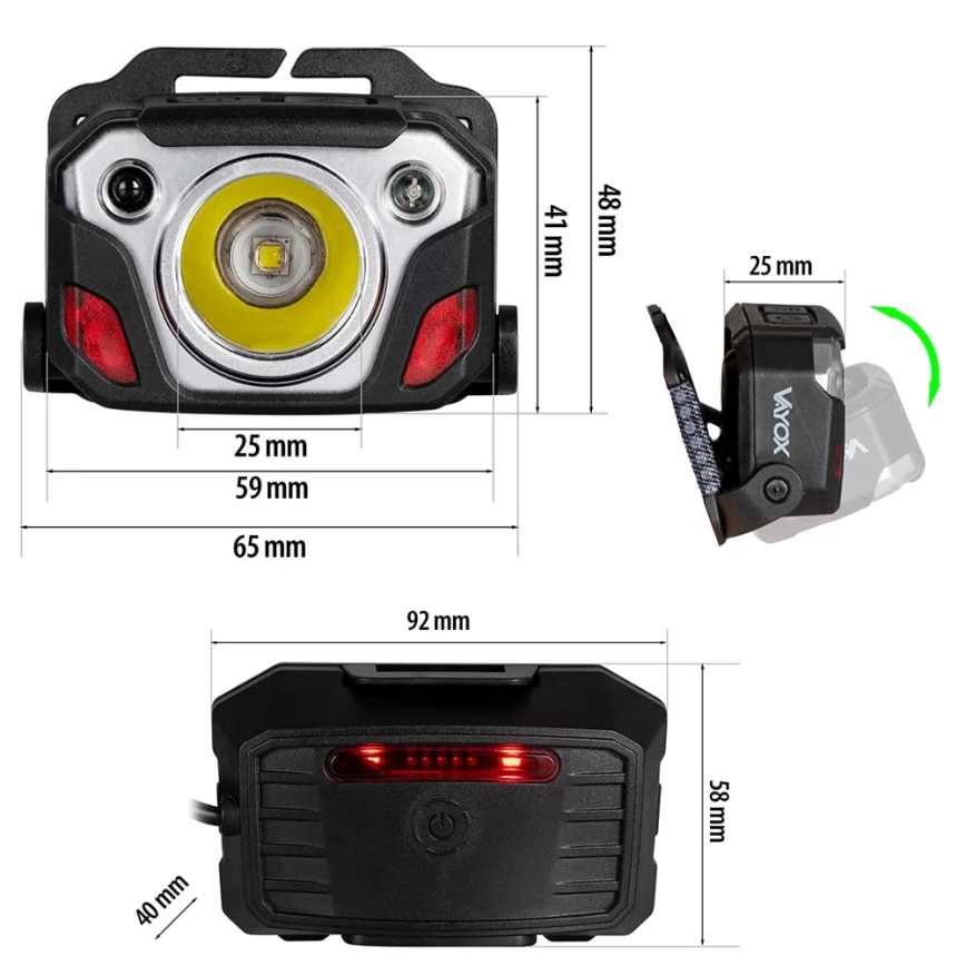 LED Pritemdomas įkraunamas galvos žibintas su jutikliu su maitinimo bloko funkcija ir raudonas šviestuvas LED/10W/5V IP44 1200 blizgus 4000 mAh