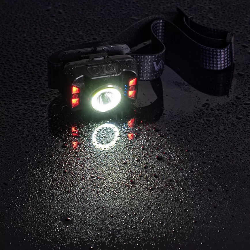 LED Pritemdomas įkraunamas galvos žibintas su jutikliu ir raudonas šviestuvas LED/15W/5V IP66 430 blizgus 1800 mAh