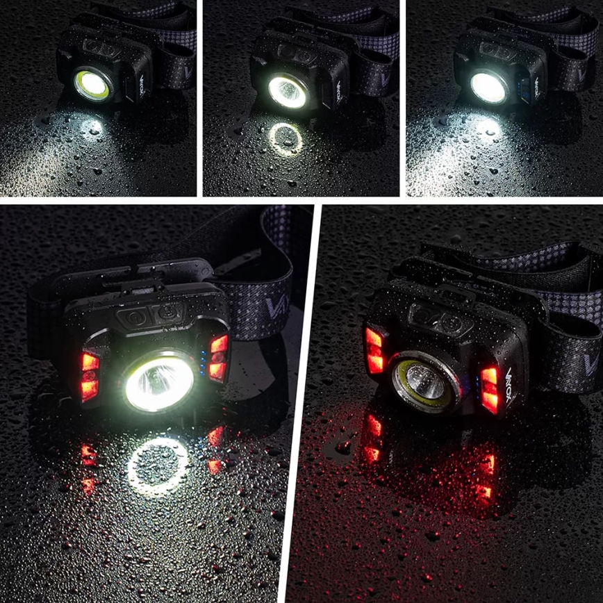 LED Pritemdomas įkraunamas galvos žibintas su jutikliu ir raudonas šviestuvas LED/15W/5V IP66 430 blizgus 1800 mAh