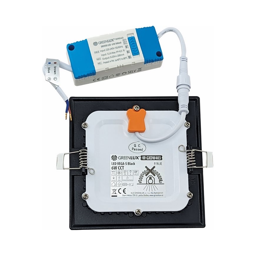 LED įleidžiamas lubinis šviestuvas VEGA LED/6W/230V 2900/3900/5800K 12,5x12,5 cm juoda