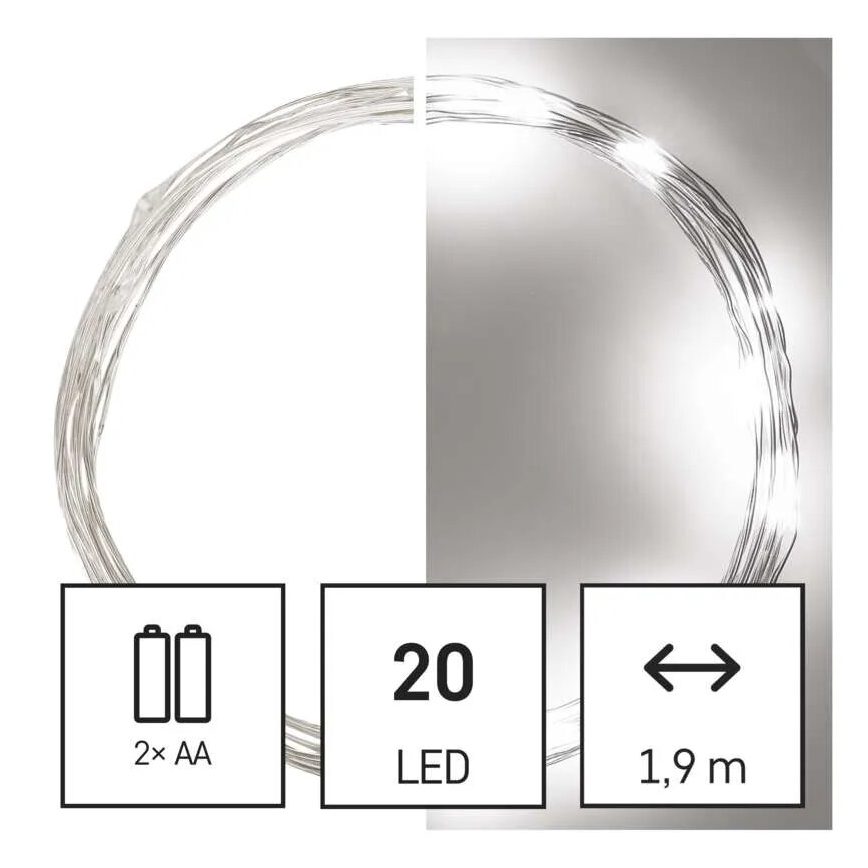 LED Kalėdinė girlianda 20xLED/2xAA 2,4m šaltai balta