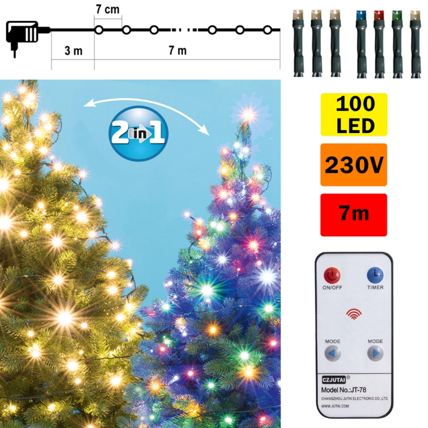 LED Kalėdinė lauko girlianda 100xLED 10m IP44 šiltai balta/daugiaspalvė + Valdymo pultas