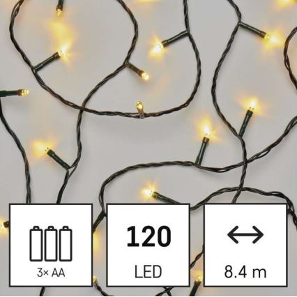 LED Kalėdinė lauko girlianda 120xLED/3xAA 8,9m IP44 šiltai balta