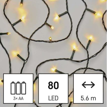 LED Kalėdinė lauko girlianda 80xLED/3xAA 6,1 m IP44 šiltai balta