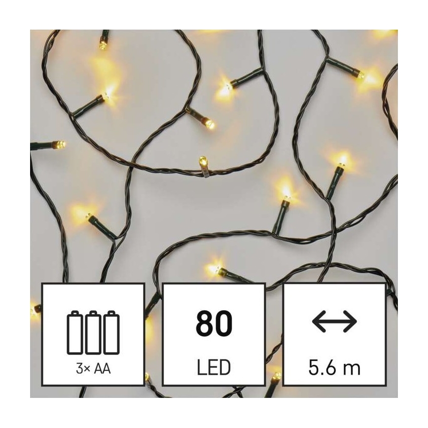 LED Kalėdinė lauko girlianda 80xLED/3xAA 6,1 m IP44 šiltai balta