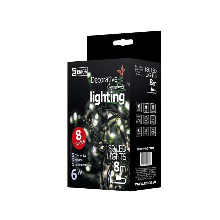LED Kalėdinė lauko girlianda CHAIN 180xLED/8 funkcijos  8m IP44 šaltai balta