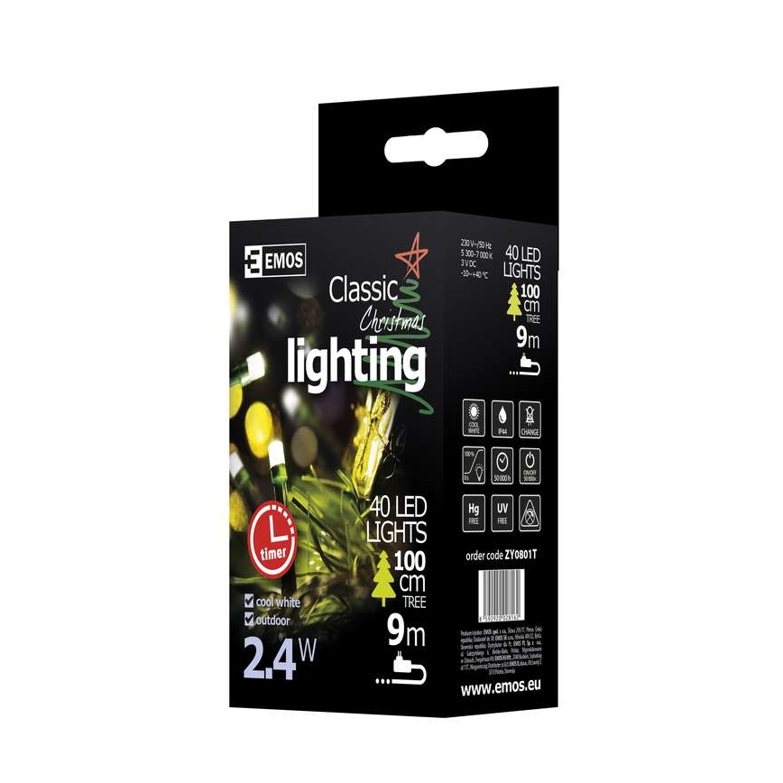 LED Kalėdinė lauko girlianda CHAIN 40xLED 9m IP44 šaltai balta
