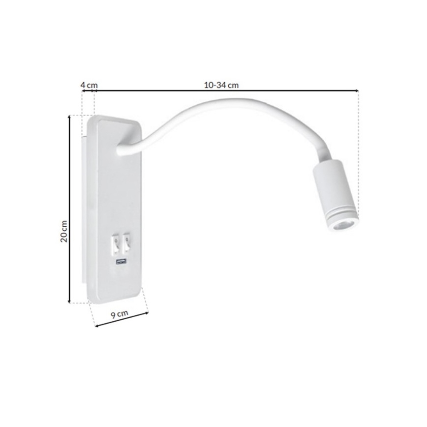 LED lanksčioji sieninė lempa su USB BASE 1xLED/8W+1xLED/2W/230V balta