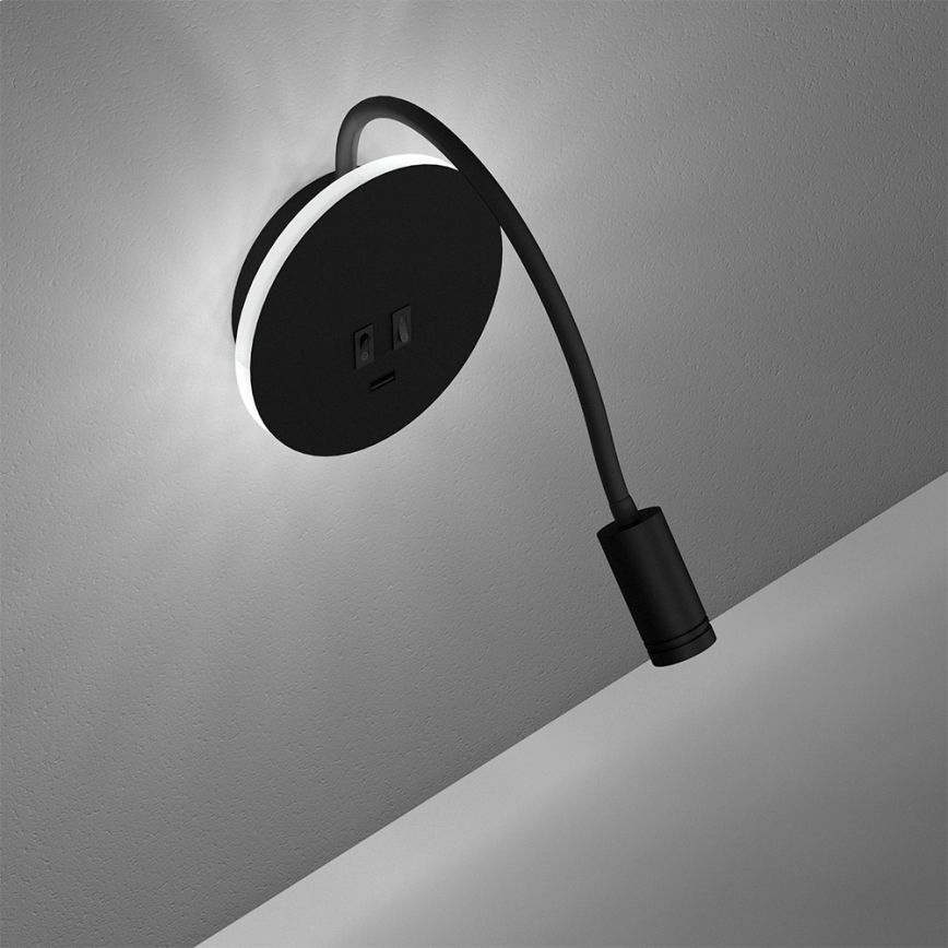 LED Lankstus wall mažas lempa BASE 1xLED/8W+1xLED/2W/230V juoda/sidabras