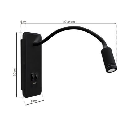 LED Lankstus wall mažas lempa Su USB BASE 1xLED/8W+1xLED/2W/230V juoda