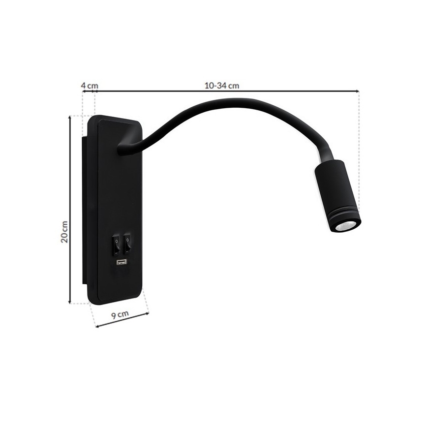 LED Lankstus wall mažas lempa Su USB BASE 1xLED/8W+1xLED/2W/230V juoda