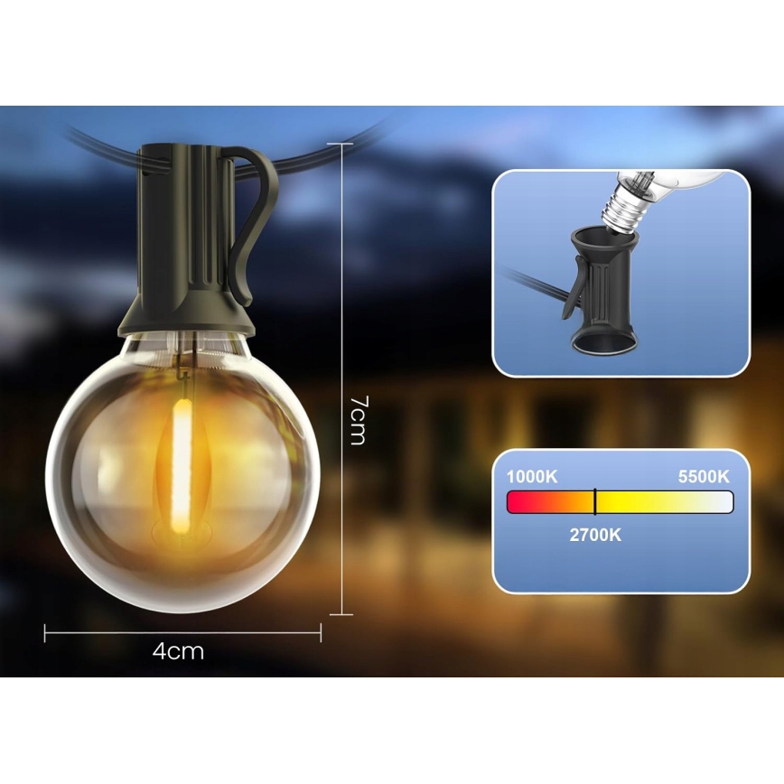 LED lauko dekoratyvinė girlianda 20xE12/1W/230V 20 m IP65 juoda