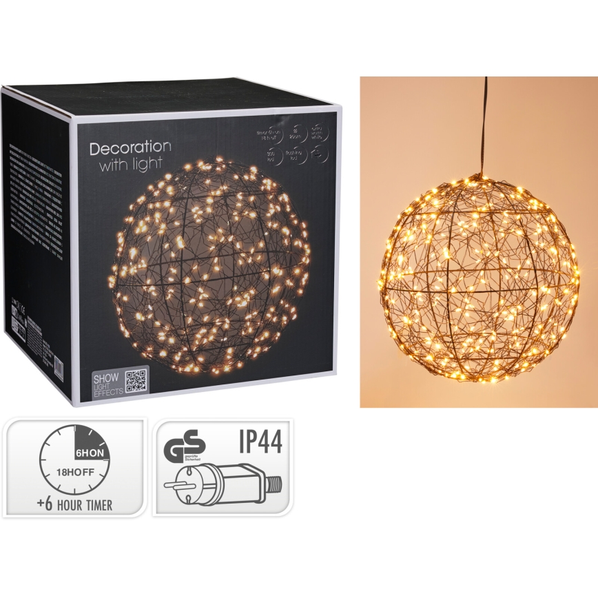 LED lauko kalėdinė dekoracija 300xLED/230V, skersmuo 25 cm, IP44, šilta balta, kamuolys/juodas