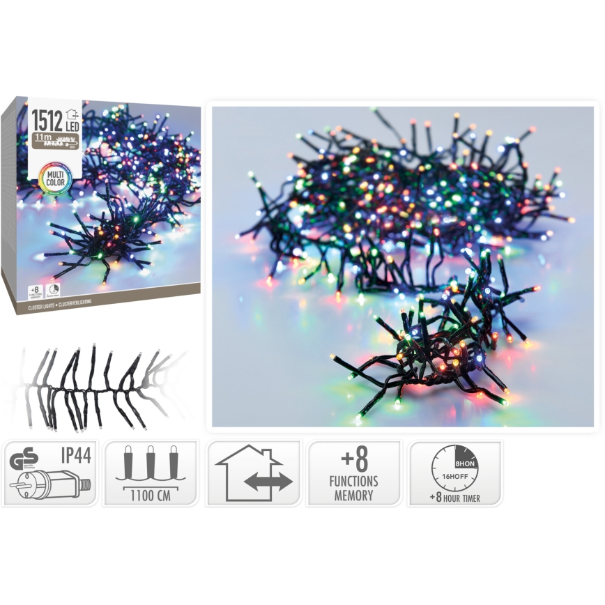 LED lauko kalėdinė girlianda 1512xLED/230V/8 funkcijų 14 m IP44 daugiaspalvė