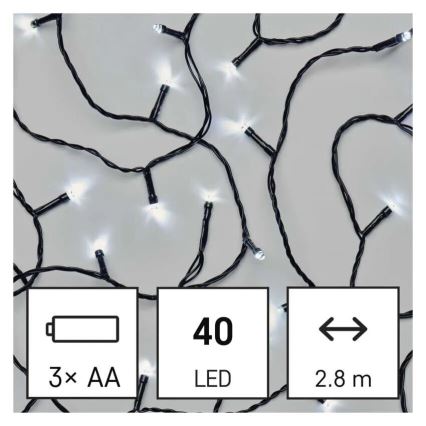 LED lauko kalėdinė girlianda 40xLED/3xAA 3,3m IP44 šaltai balta