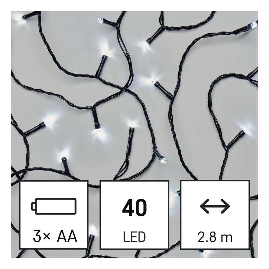 LED lauko kalėdinė girlianda 40xLED/3xAA 3,3m IP44 šaltai balta