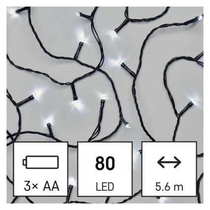 LED Lauko Kalėdinė girlianda 80xLED/3xAA 6,1m IP44 šalta balta