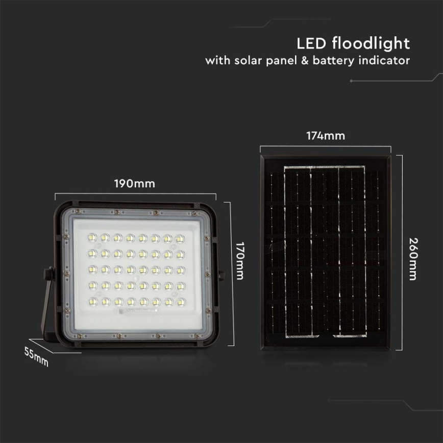 LED Lauko pritemdomas saulės Prožektoriaus šviestuvas LED/6W/3,2V IP65 6400K 5000 mAh juoda + nuotolinio valdymo pultas