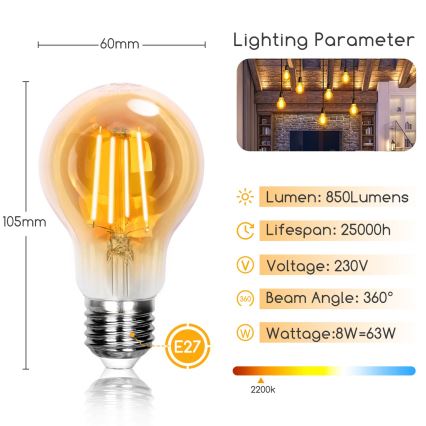 LED Lemputė A60 E27/8W/230V 2200K - Aigostar