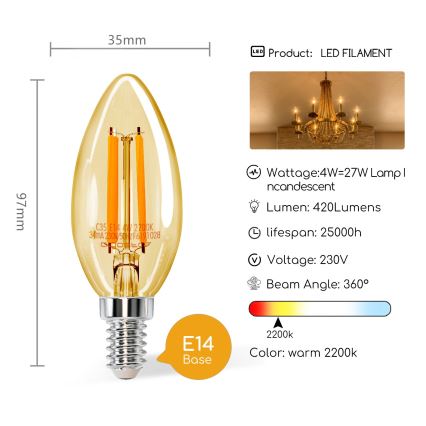 LED lemputė C35 E14/4W/230V 2200K - Aigostar