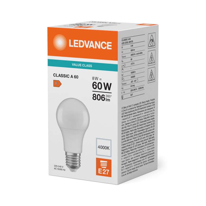 LED lemputė CLASSIC A60 E27/8W/230V 4000K - Ledvance