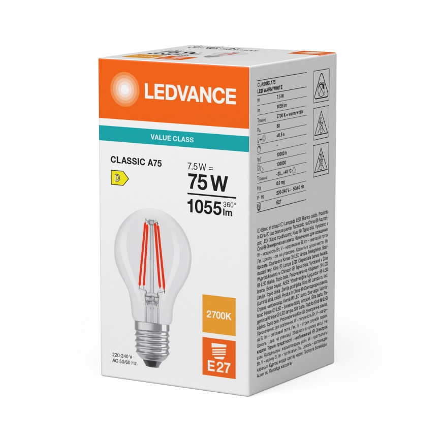 LED lemputė CLASSIC FILAMENT A60 E27/7,5W/230V 2700K - Ledvance