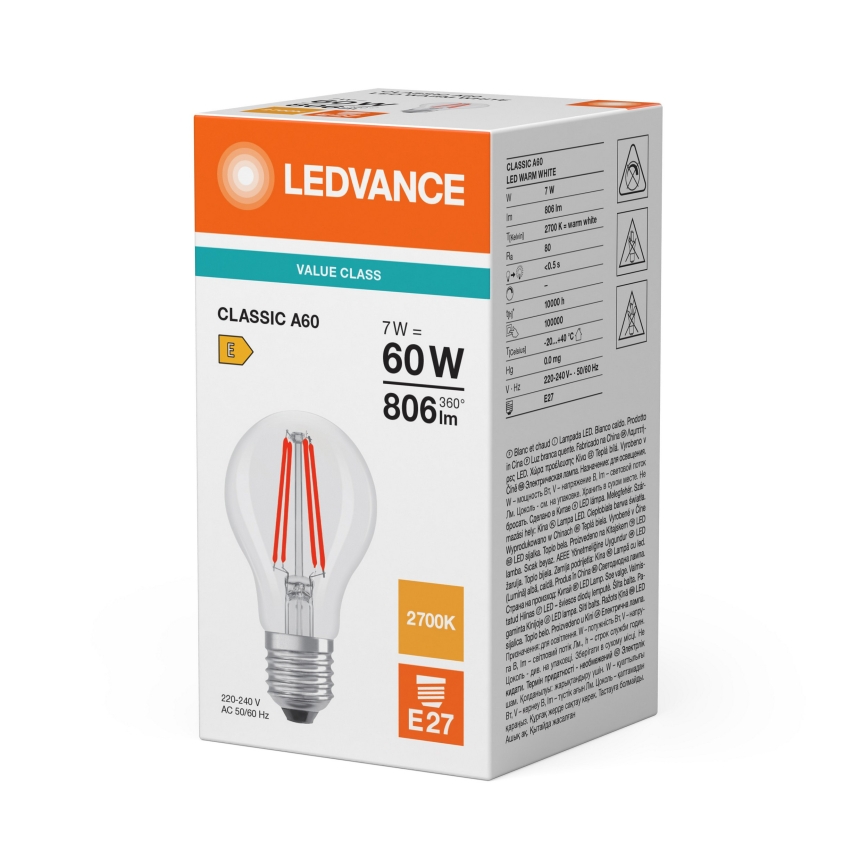 LED lemputė CLASSIC FILAMENT A60 E27/7W/230V 2700K - Ledvance