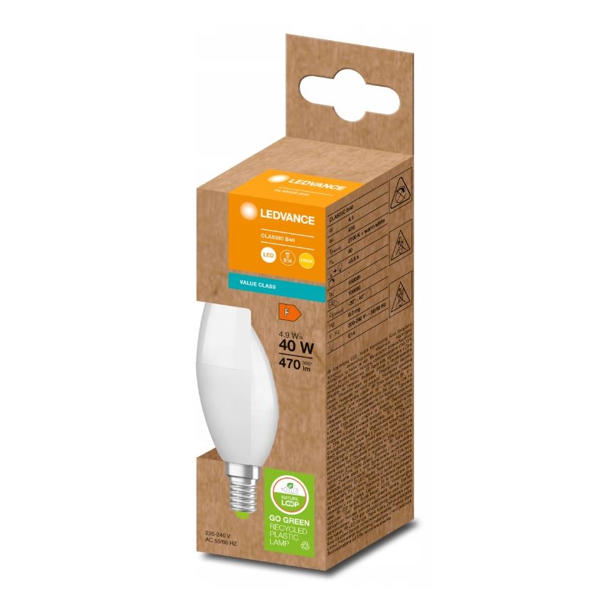 LED lemputė iš perdirbto plastiko B40 E14/4,9W/230V 2700K - Ledvance