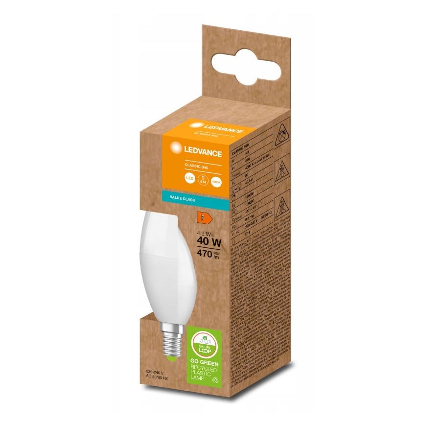 LED Lemputė pagaminta iš perdirbto plastiko B40 E14/4,9W/230V 4000K - Ledvance