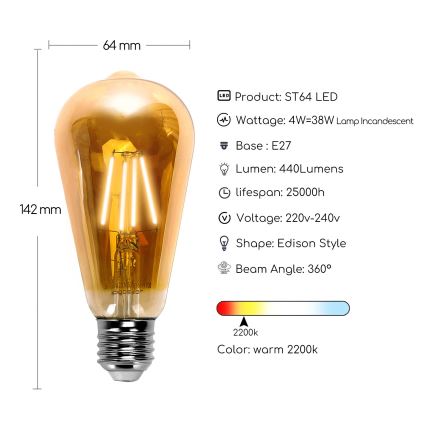 LED lemputė ST64 E27/4W/230V 2200K - Aigostar