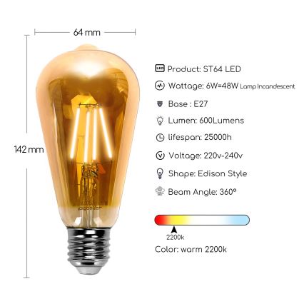 LED lemputė ST64 E27/6W/230V 2200K - Aigostar