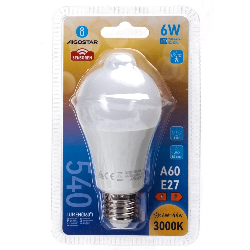 LED lemputė su judesio ir sumrėkimo jutikliu A60 E27/6W/230V 3000K - Aigostar