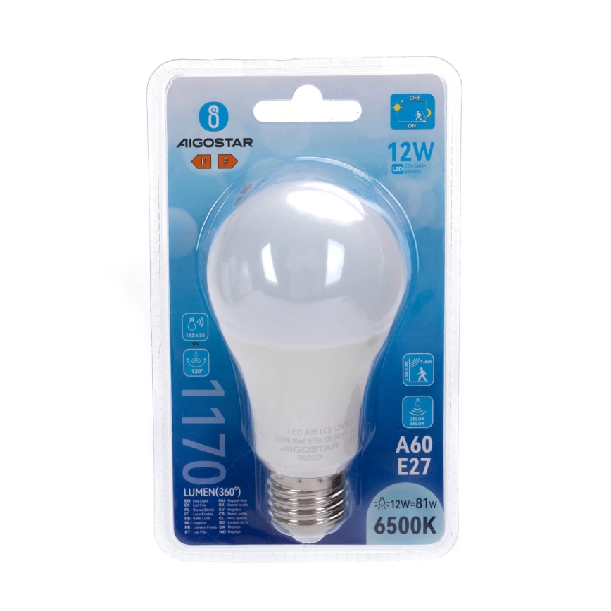 LED lemputė su judesio ir sutemų jutikliu A60 E27/12W/230V 6500K - Aigostar