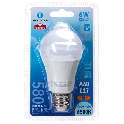 LED lemputė su judesio ir sutemų jutikliu A60 E27/6W/230V 6500K - Aigostar
